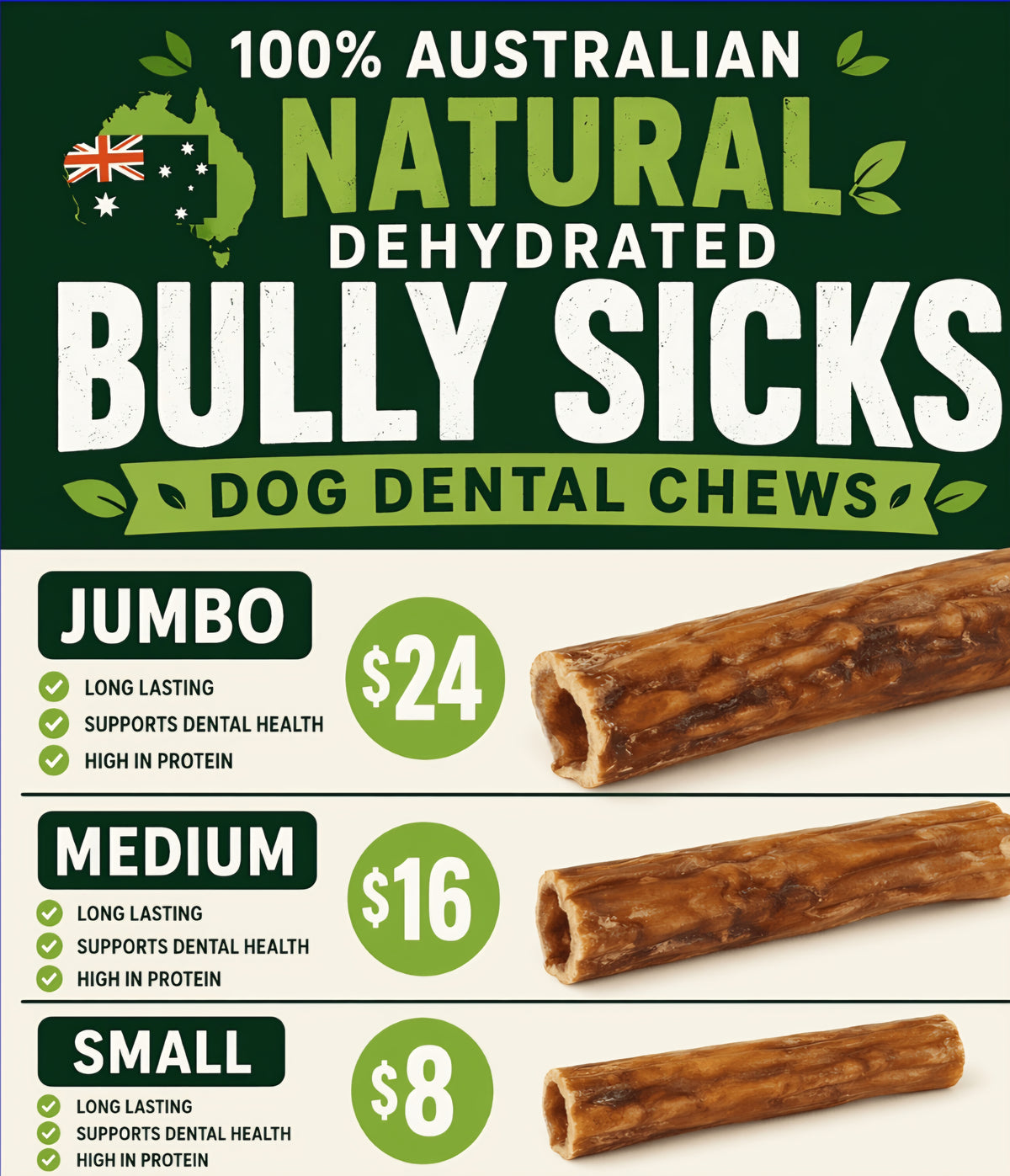 Dehydrated Beef Bully Stick approximately 15cm long 45 to 60g each